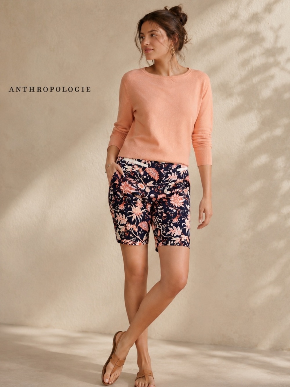 Anthropologie Leifsdottir Floral Bermuda Shorts Size 4 Navy Tropical Print